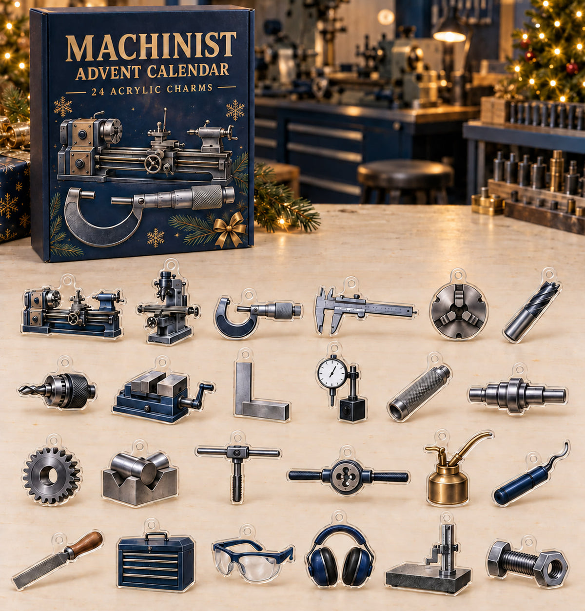 Machinist advent calendar with 24 custom-shaped flat acrylic charms and printed dimensional artwork