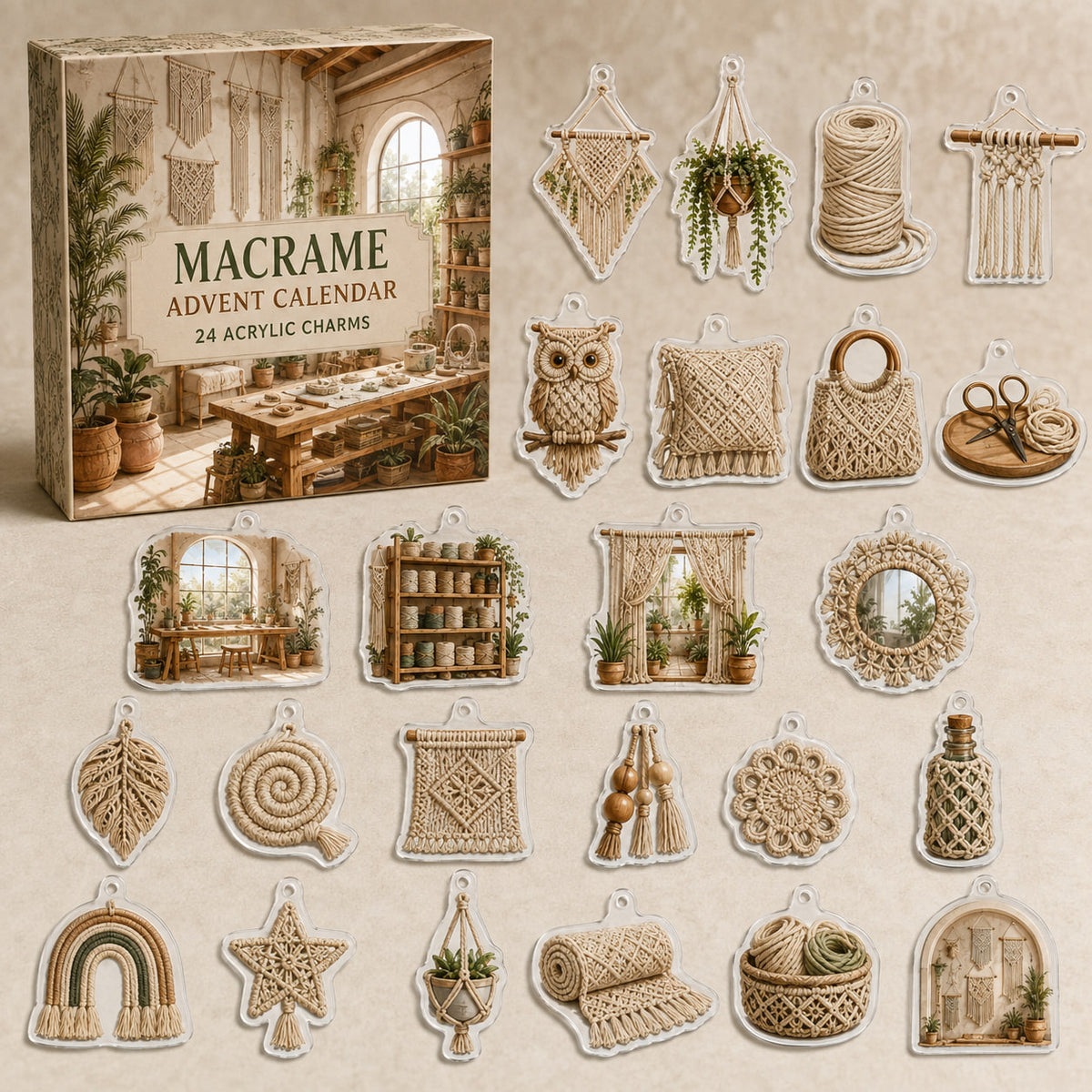 Macrame printed advent calendar box with 24 different acrylic charms in a themed studio
