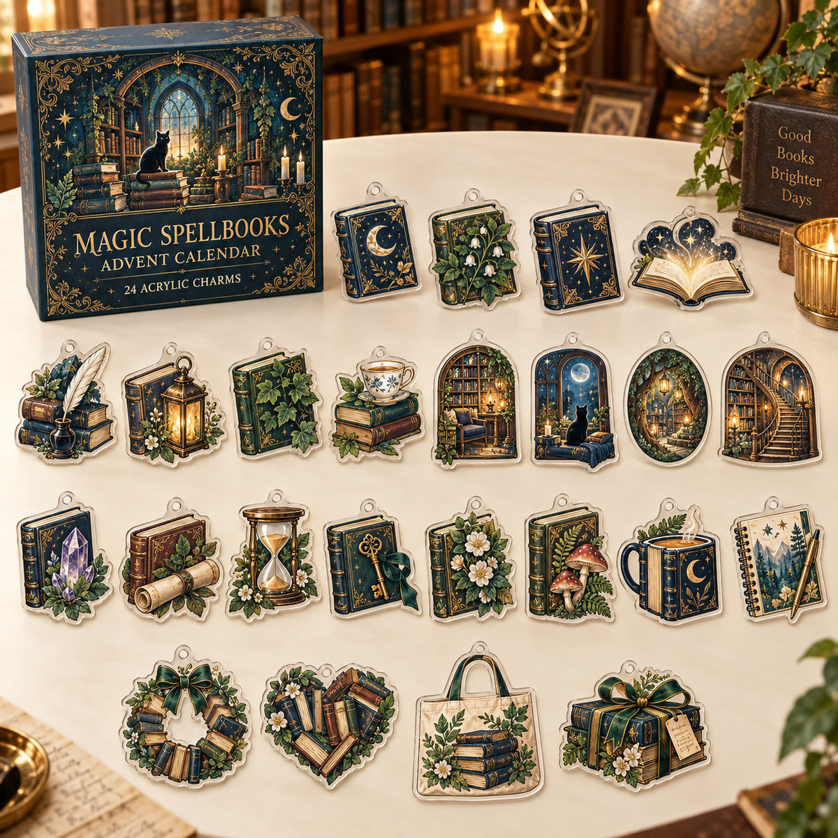 Magic Spellbooks advent calendar box with 24 flat printed acrylic charms