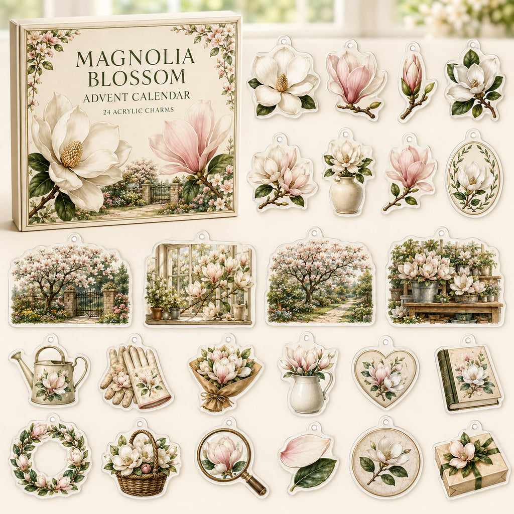 Magnolia Blossom advent calendar box and 24 printed acrylic botanical charms