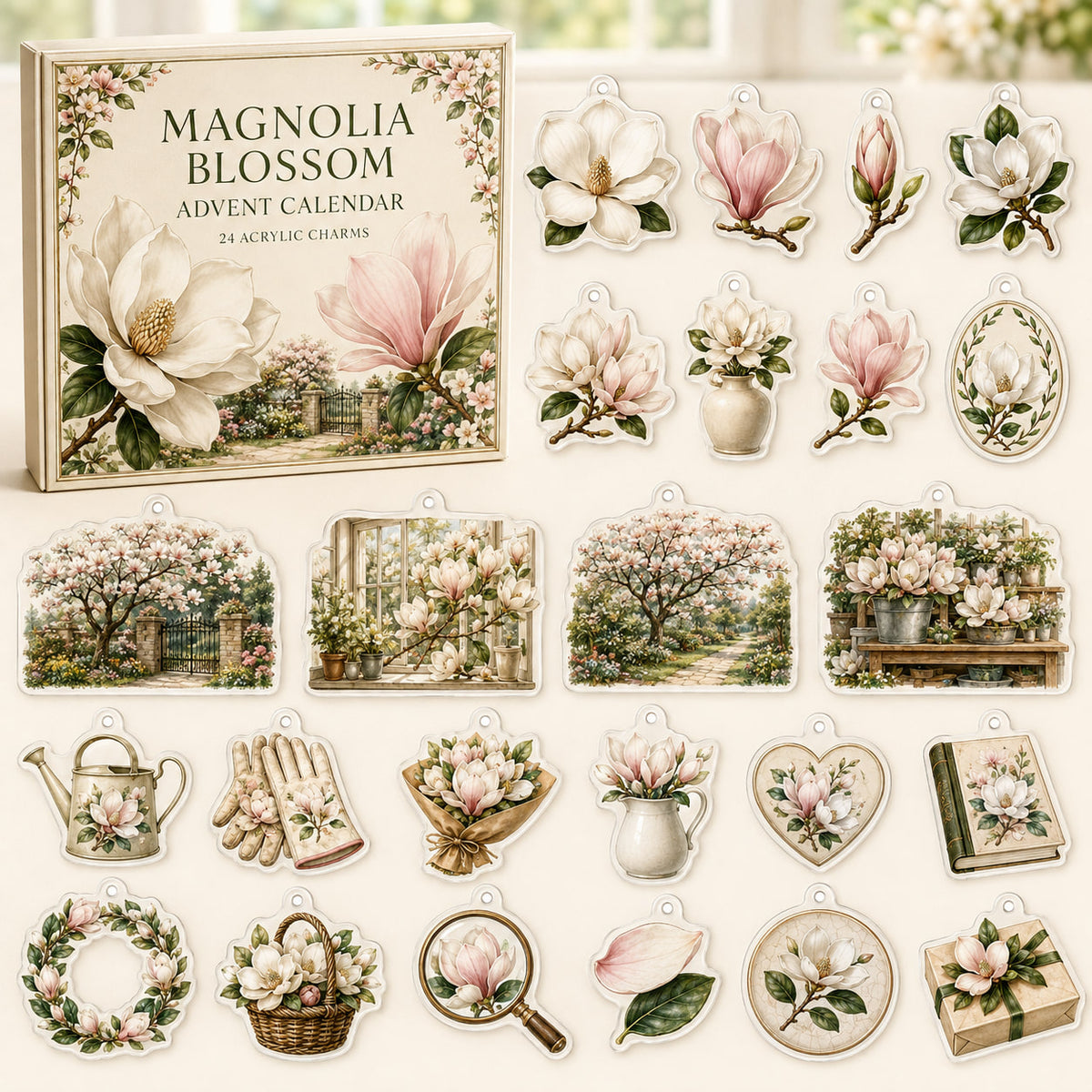 Magnolia Blossom advent calendar box and 24 printed acrylic botanical charms