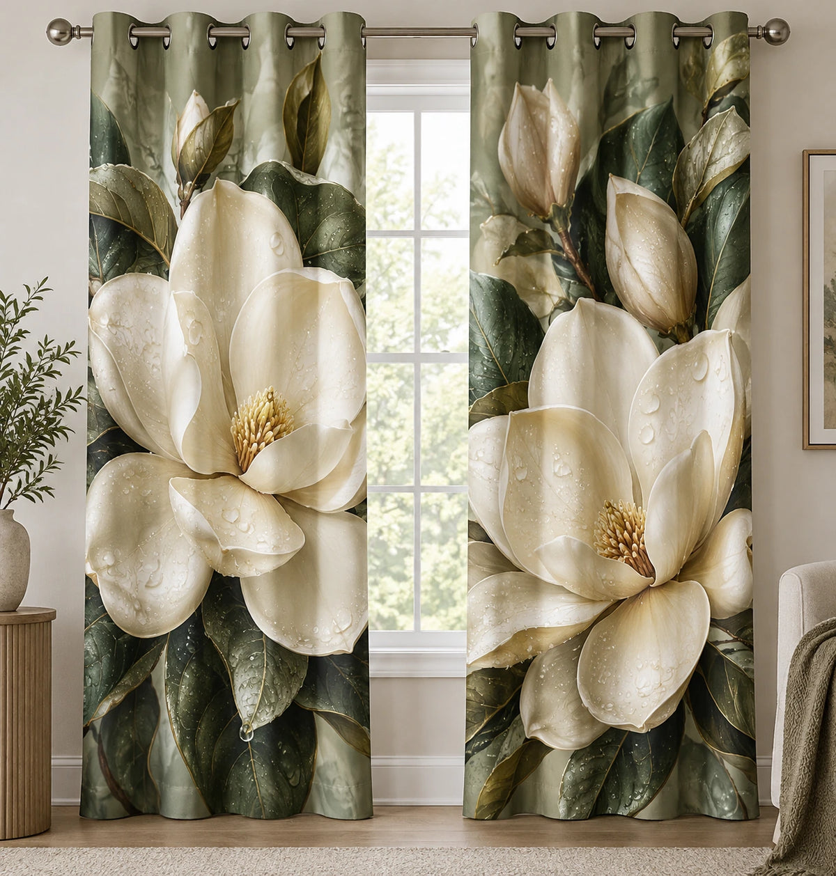 Magnolia Dewdrop Morning Window Curtains with printed dimensional artwork