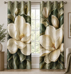 Magnolia Dewdrop Morning Window Curtains with printed dimensional artwork