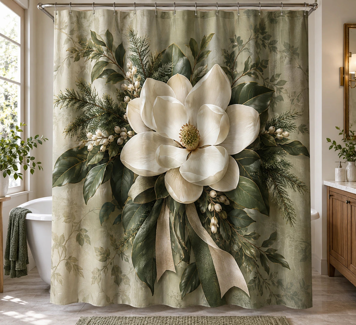 Magnolia Holiday Bouquet Shower Curtain with printed dimensional artwork