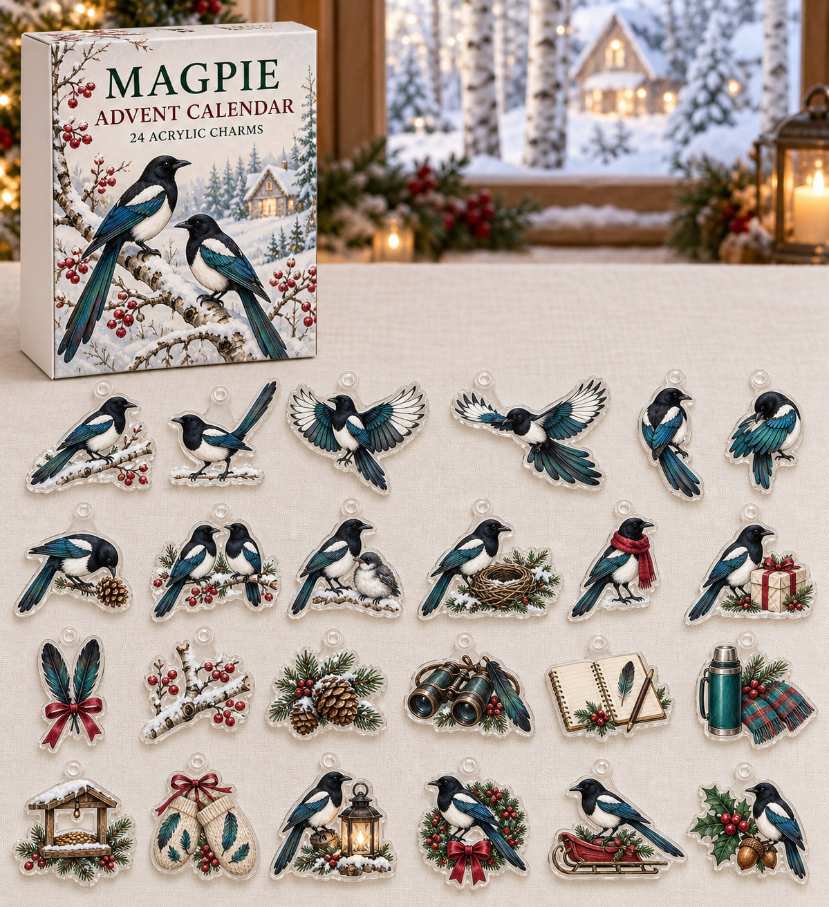 Magpie advent calendar with 24 custom-shaped flat acrylic charms and printed dimensional artwork
