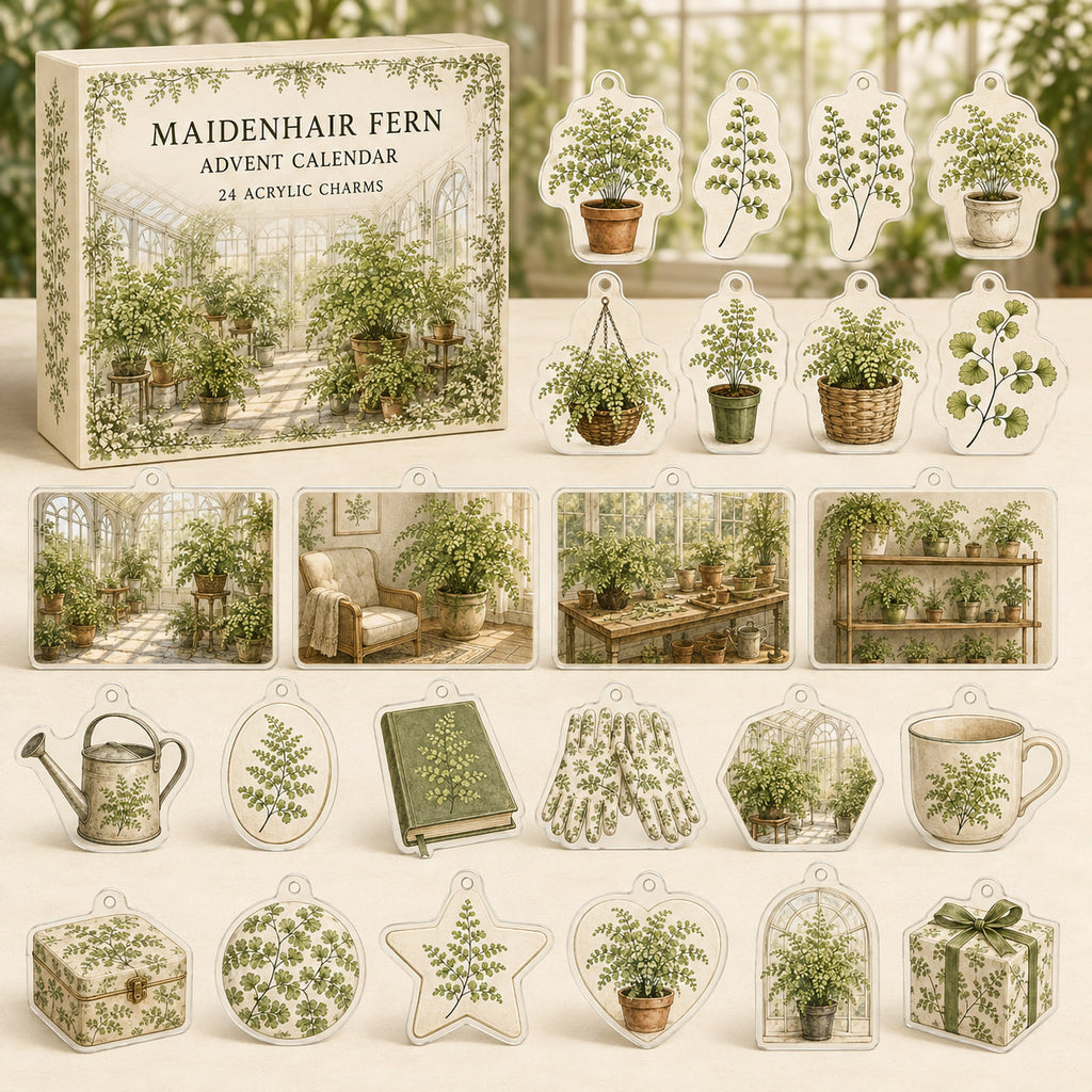 Maidenhair Fern advent calendar box with 24 botanical-themed printed acrylic charms