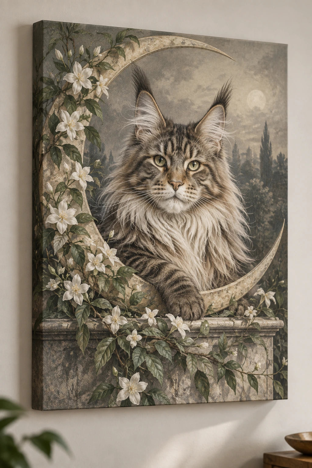 Maine Coon Moon Garden Canvas Wall Art with printed dimensional artwork