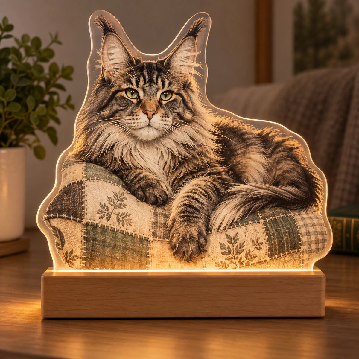 Maine Coon Quilted Cushion Acrylic Night Light with printed dimensional artwork