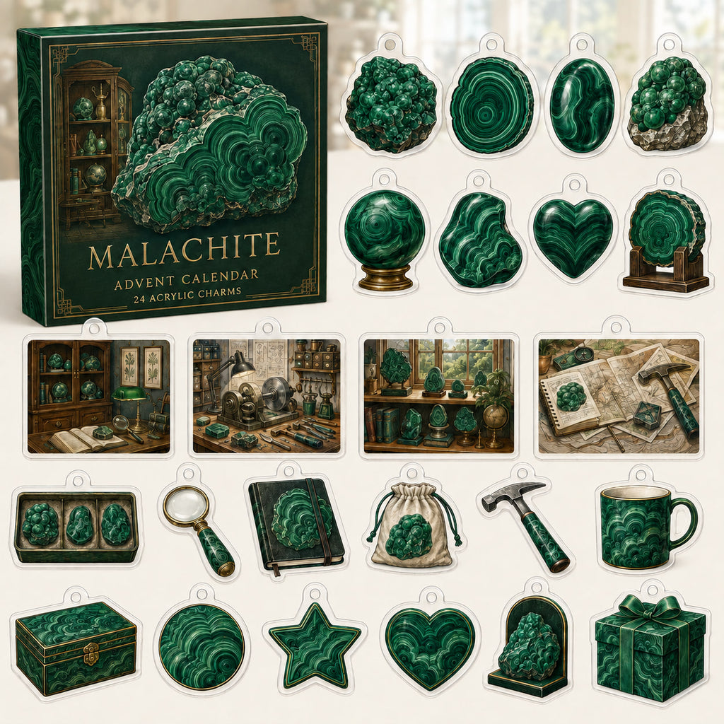 Malachite advent calendar box and 24 mineral-themed printed acrylic charms