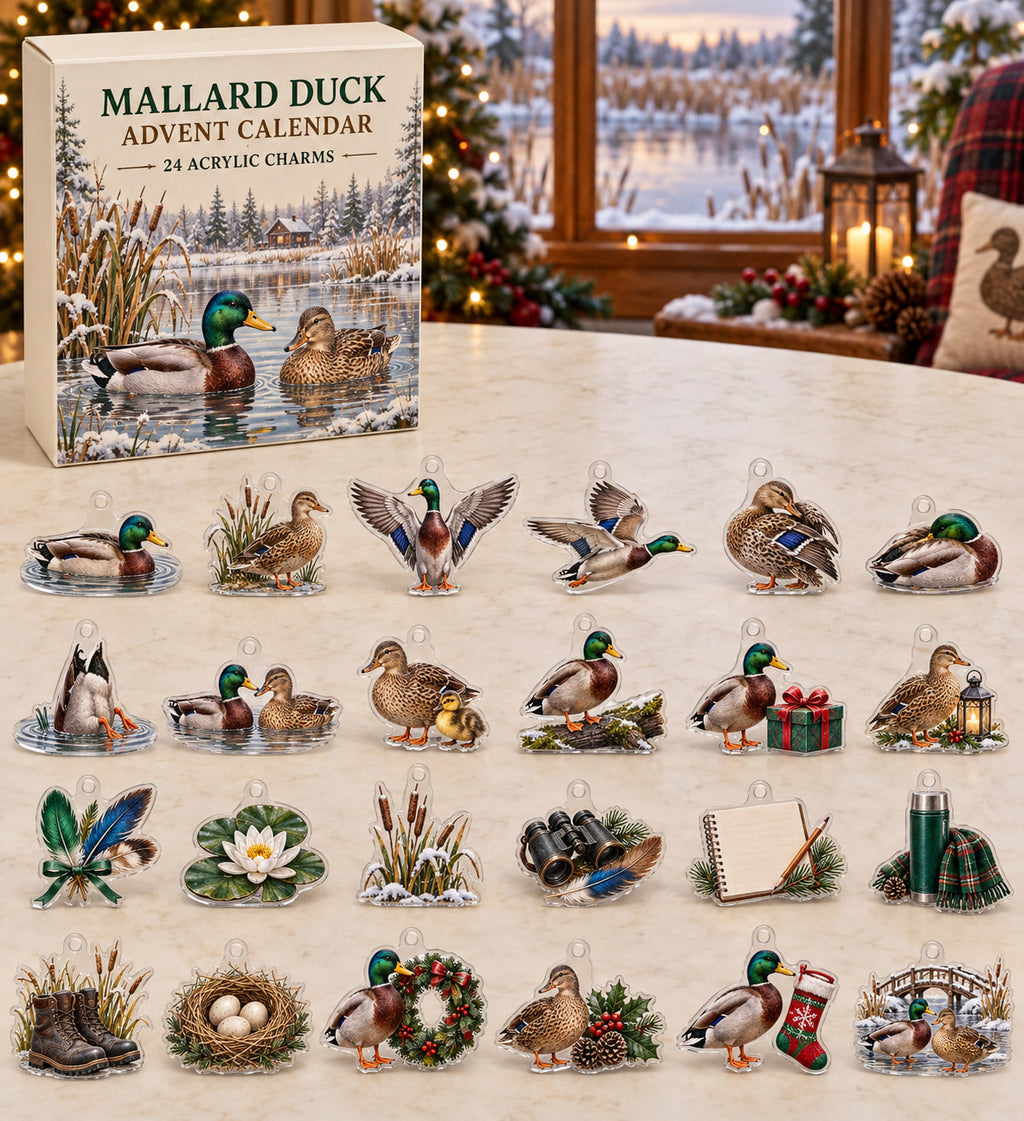 Mallard Duck advent calendar with 24 custom-shaped flat acrylic charms and printed dimensional artwork