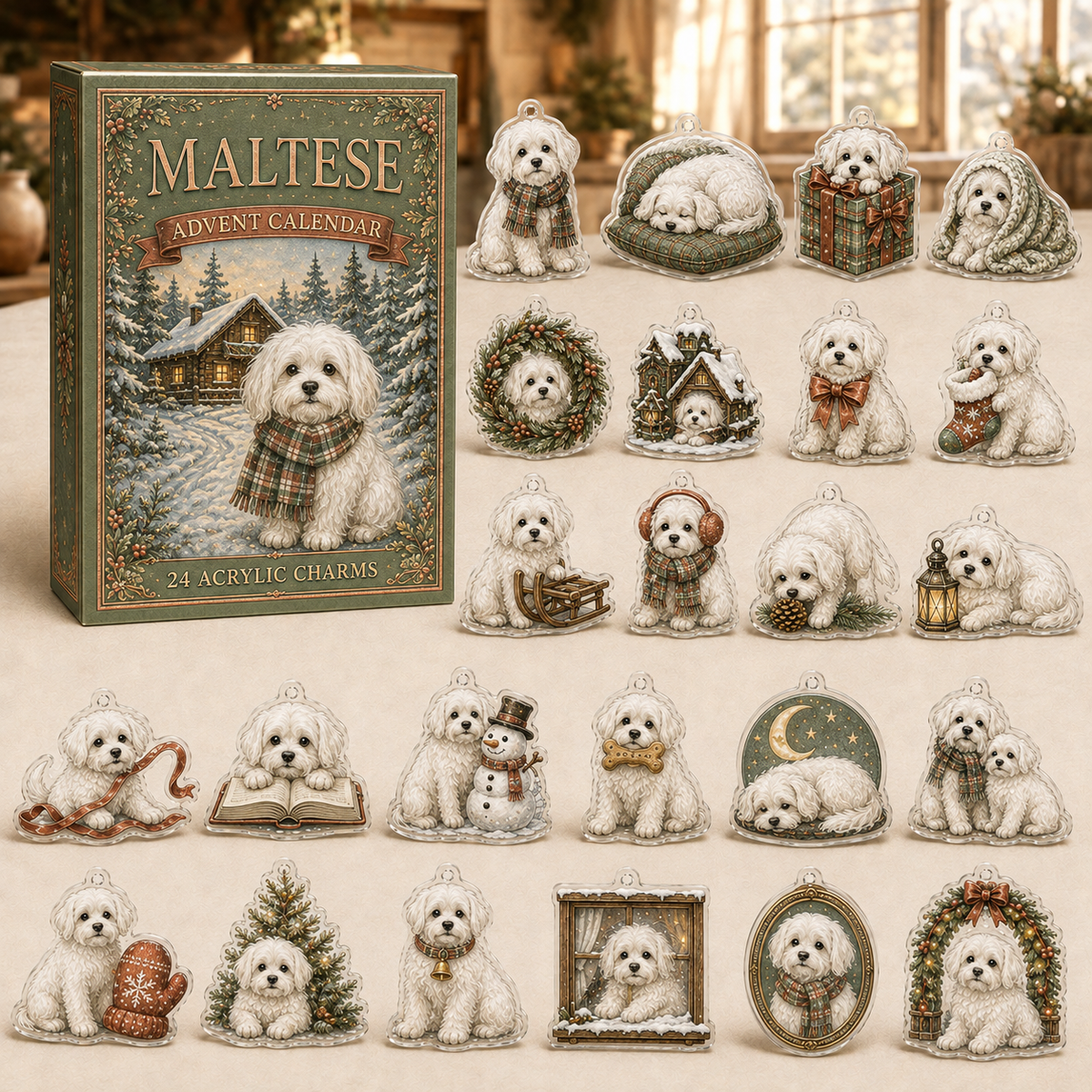 Maltese advent calendar box and full set of 24 illustrated acrylic charms on a light tabletop