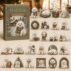 Maltese advent calendar box and full set of 24 illustrated acrylic charms on a light tabletop