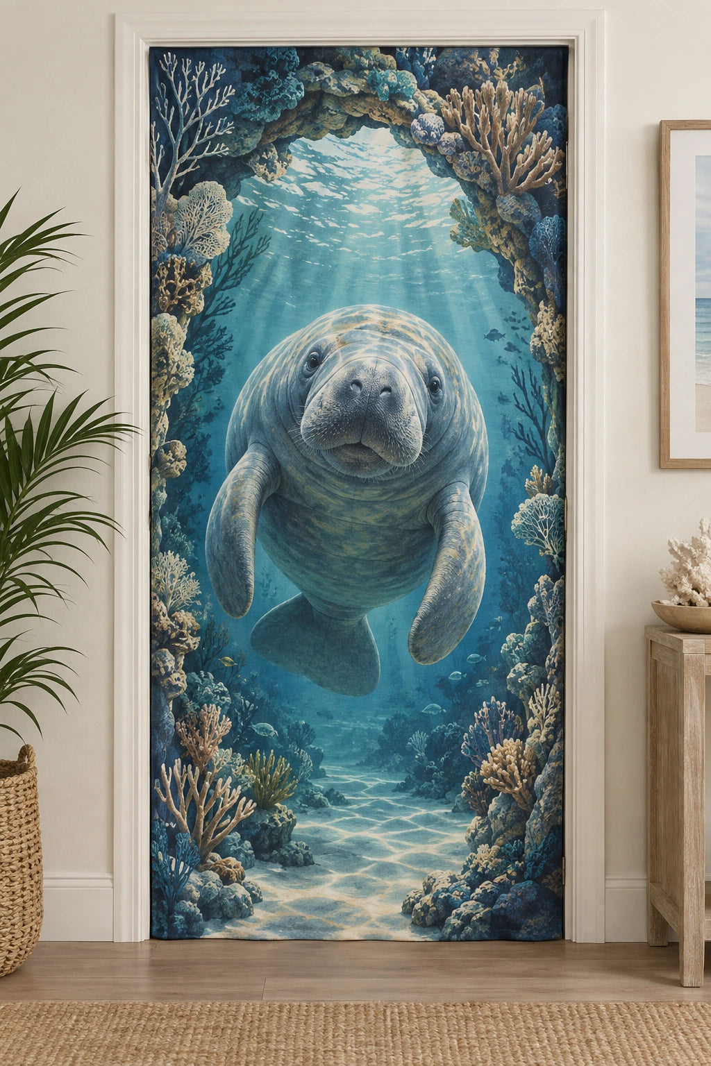 Manatee Coral Arch Fabric Door Cover with printed dimensional artwork