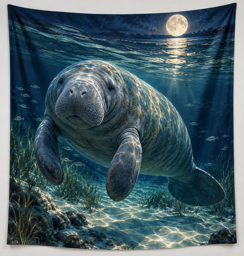 Manatee Moonlit Ocean Wall Tapestry with printed dimensional artwork