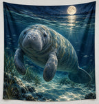 Manatee Moonlit Ocean Wall Tapestry with printed dimensional artwork
