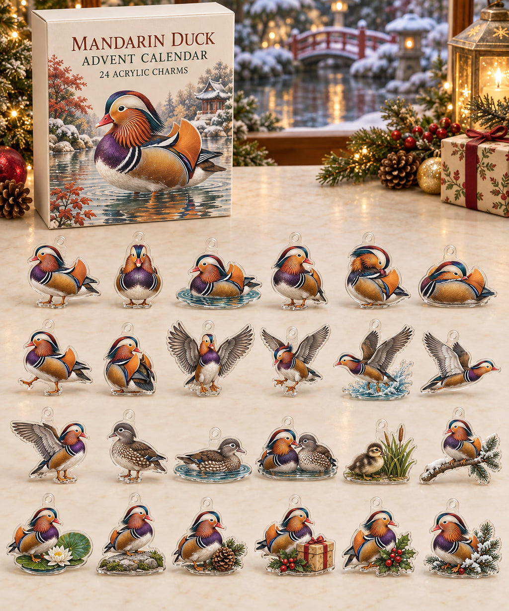 Mandarin Duck advent calendar with 24 custom-shaped flat acrylic charms and printed dimensional artwork