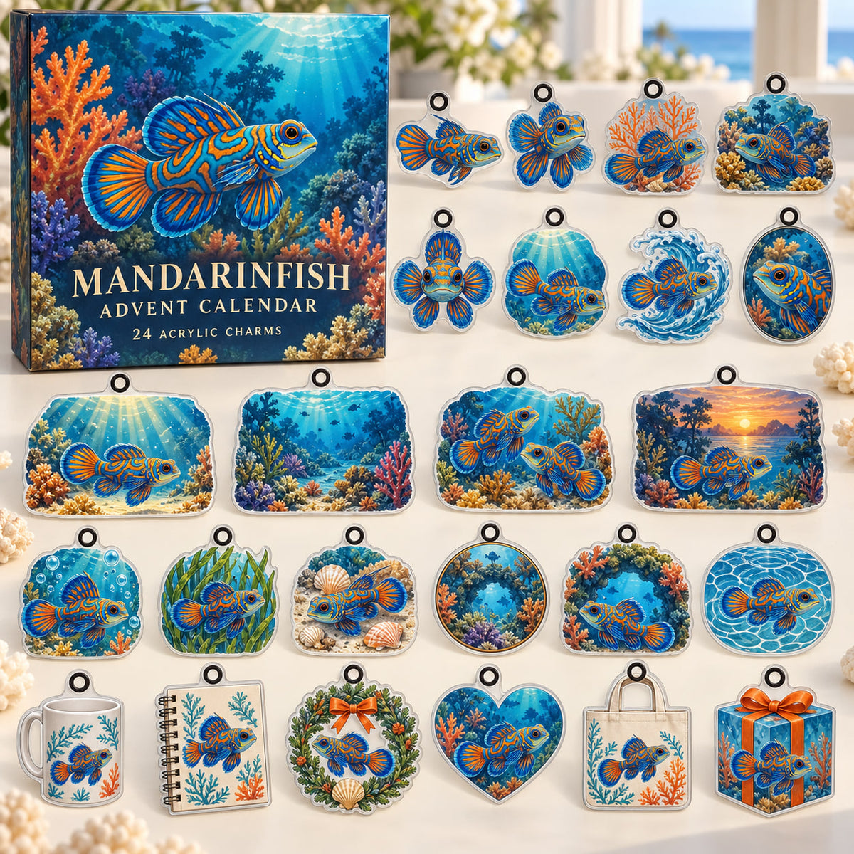 Mandarinfish advent calendar box with 24 themed flat printed acrylic charms