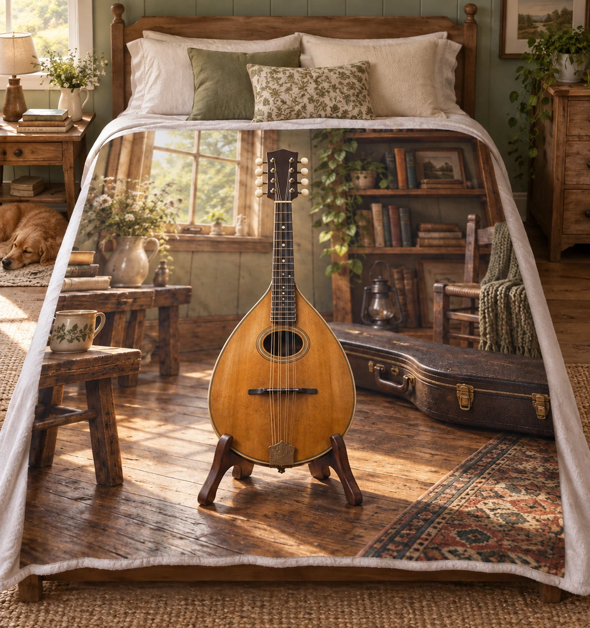 Amber mandolin in a sunlit cottage studio, flat printed fleece throw blanket.