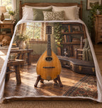Amber mandolin in a sunlit cottage studio, flat printed fleece throw blanket.