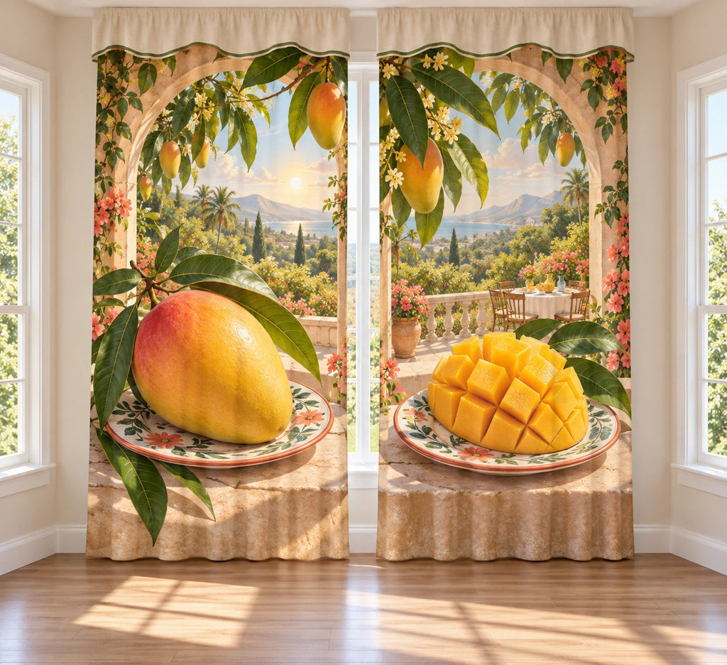 Mango Breakfast Garden Window Curtain Pair with flat printed mango plates and garden depth