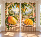 Mango Breakfast Garden Window Curtain Pair with flat printed mango plates and garden depth