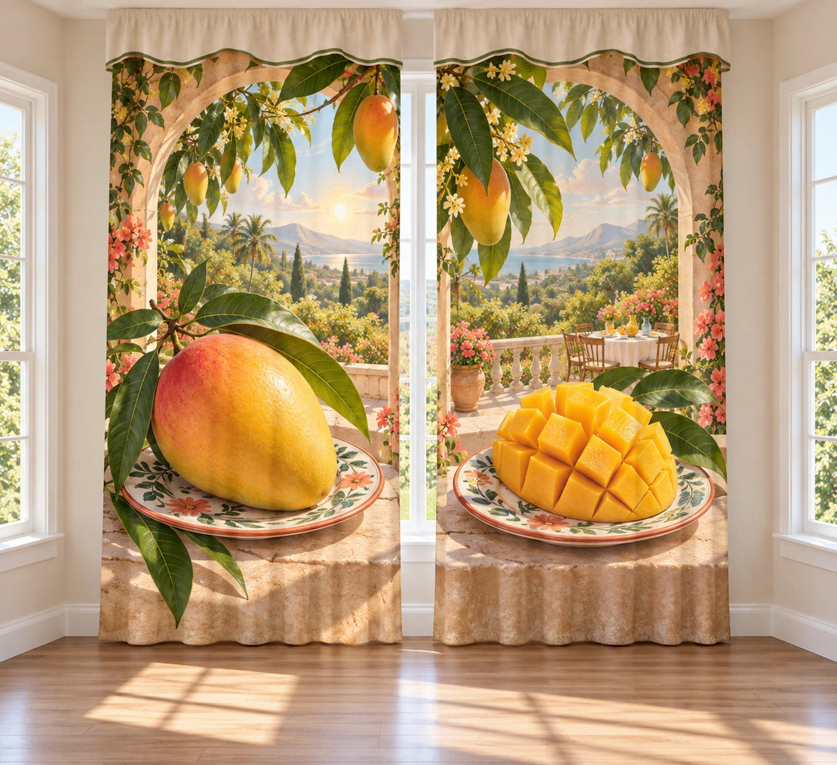 Mango Breakfast Garden Window Curtain Pair with flat printed mango plates and garden depth