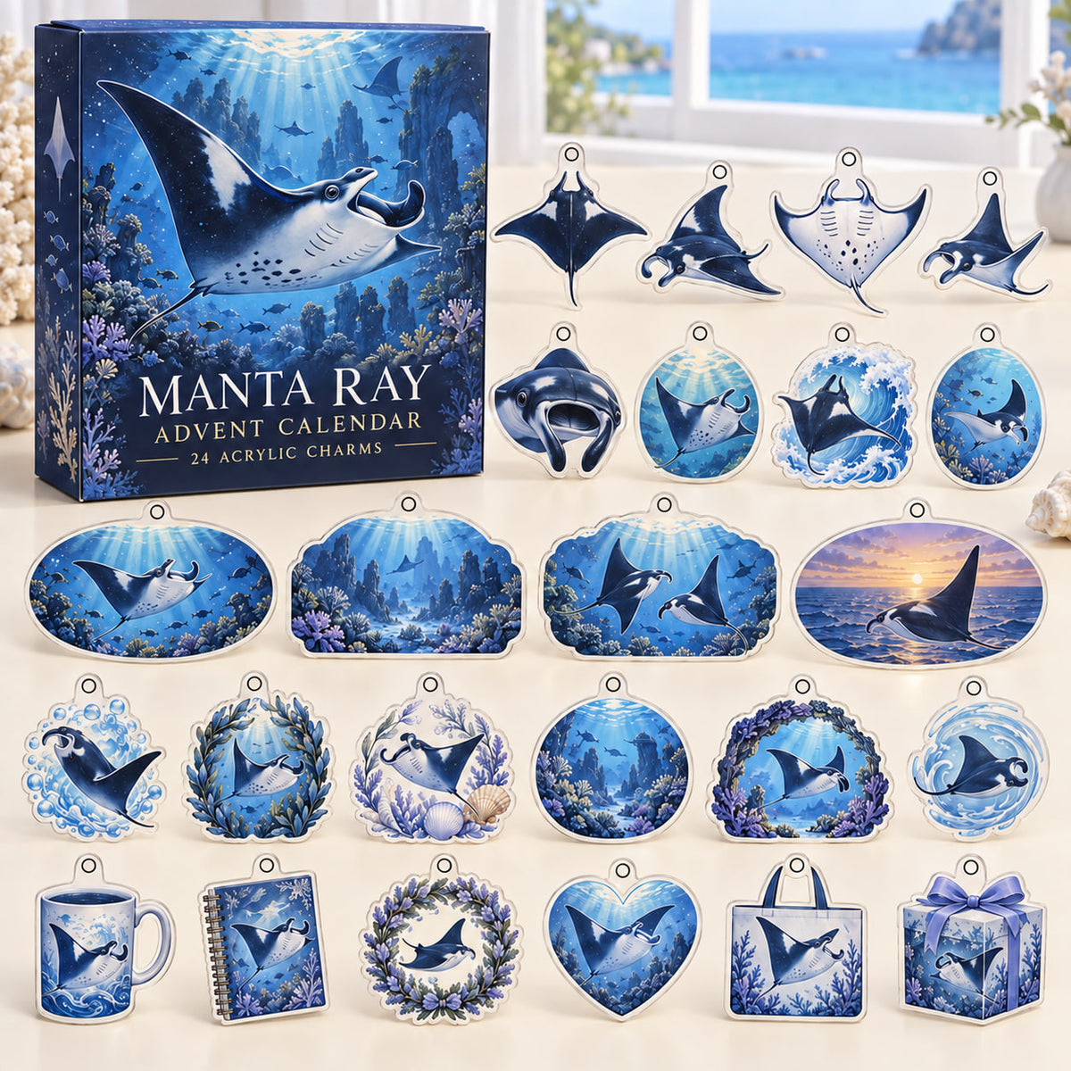 Manta Ray advent calendar box with 24 themed flat printed acrylic charms