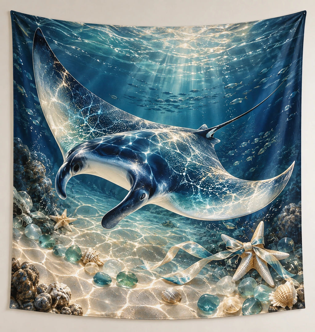 Manta Ray Coastal Holiday Wall Tapestry with printed dimensional artwork