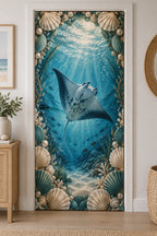 Manta Ray Shell Cove Fabric Door Cover with printed dimensional artwork