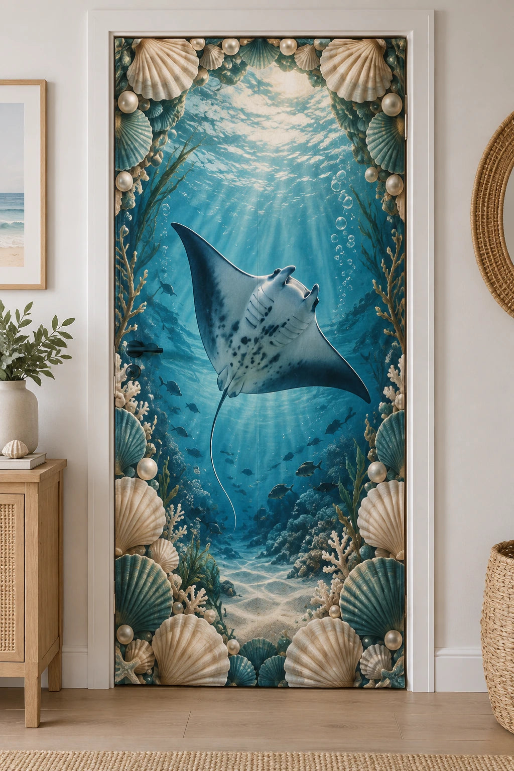 Manta Ray Shell Cove Fabric Door Cover with printed dimensional artwork