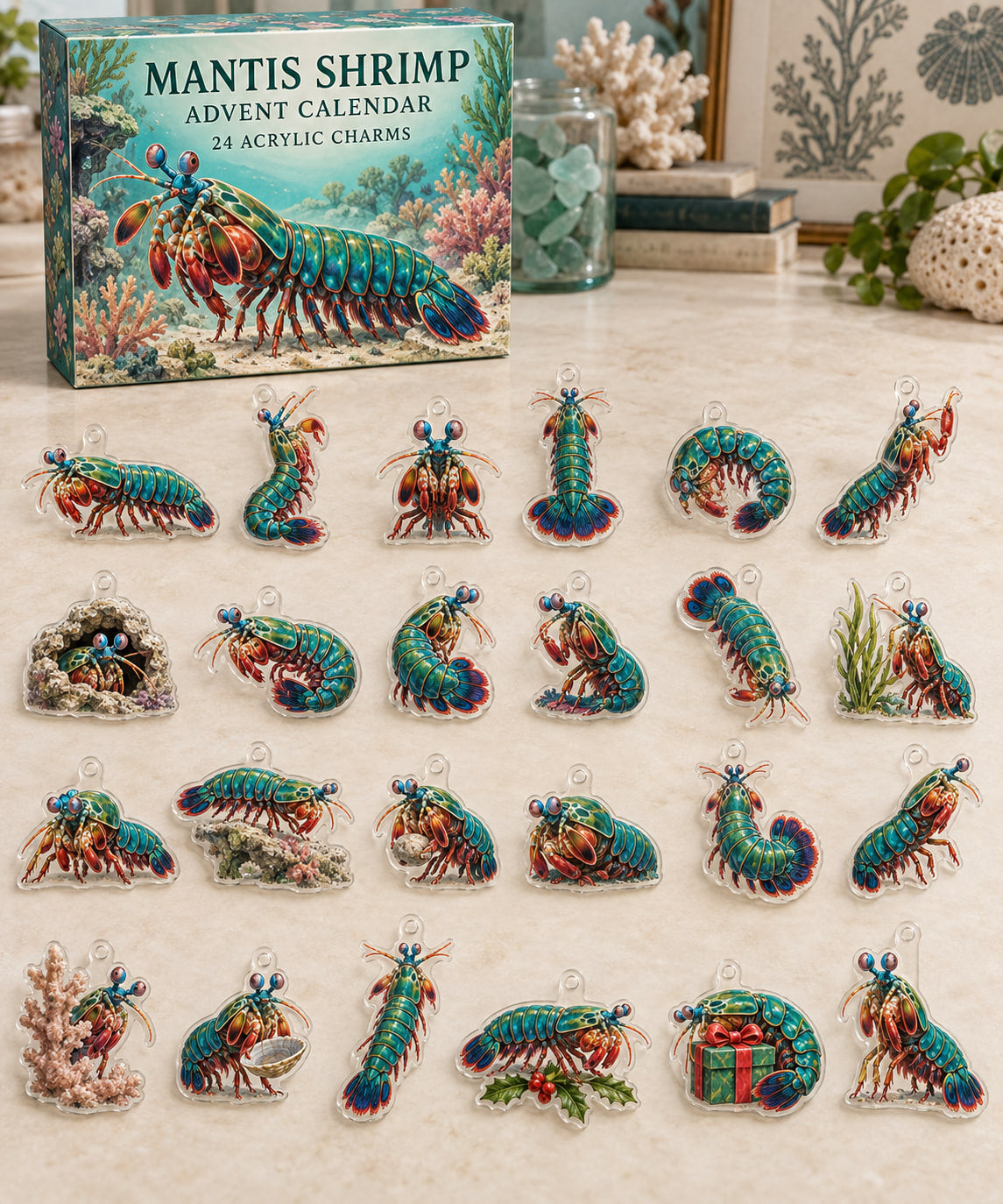 Mantis Shrimp advent calendar with 24 custom-shaped flat acrylic charms and printed dimensional artwork