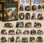 Manx Cat advent calendar box and 24 illustrated acrylic charms displayed on an ivory tabletop in a winter setting