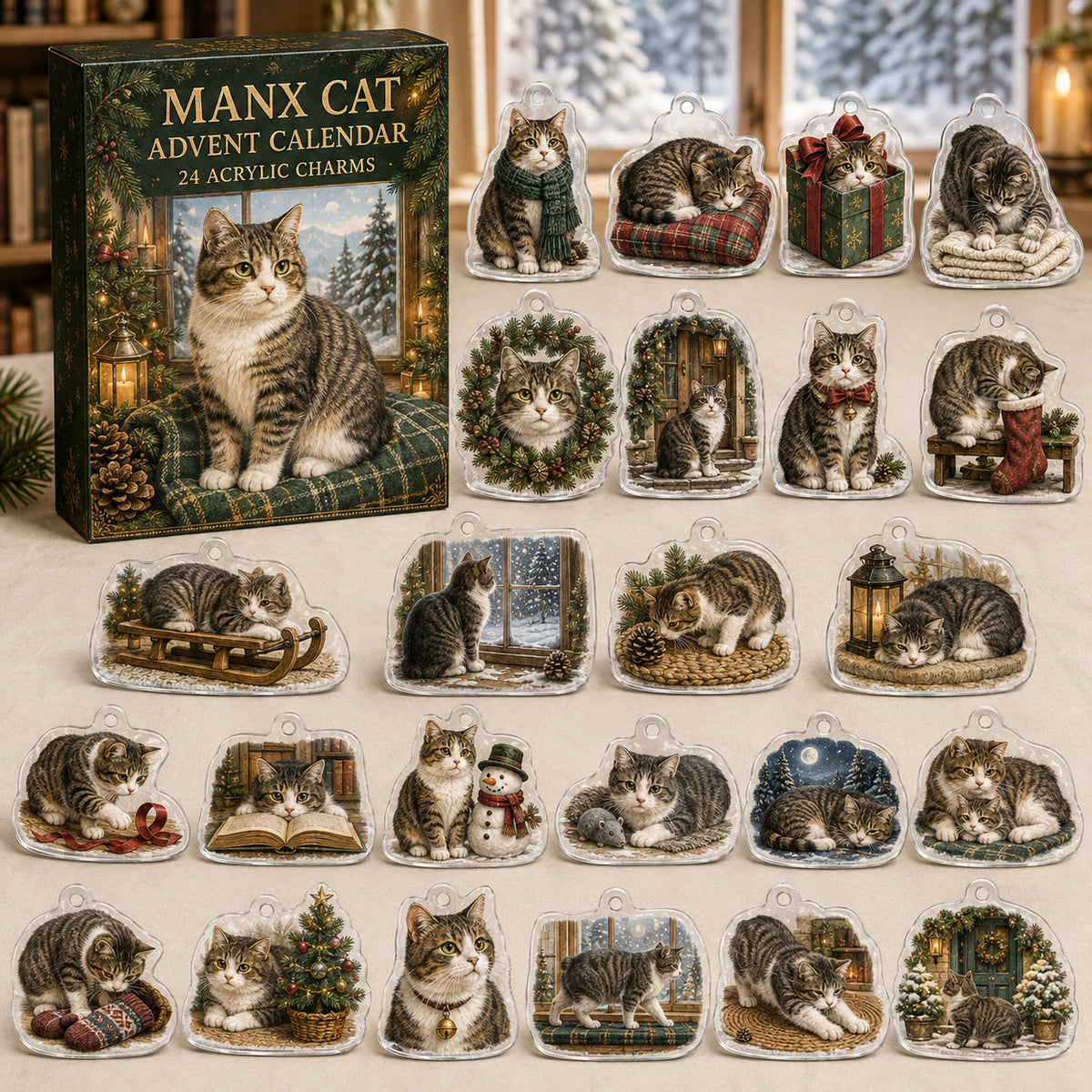 Manx Cat advent calendar box and 24 illustrated acrylic charms displayed on an ivory tabletop in a winter setting