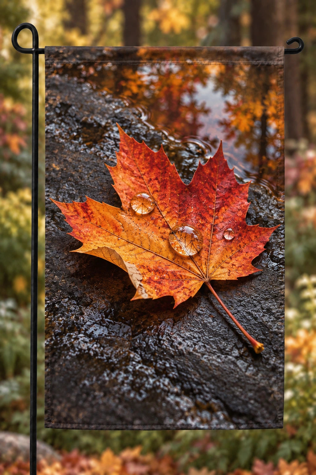 Maple Leaf Rainlight Garden Flag with printed curled leaf and clear droplet depth