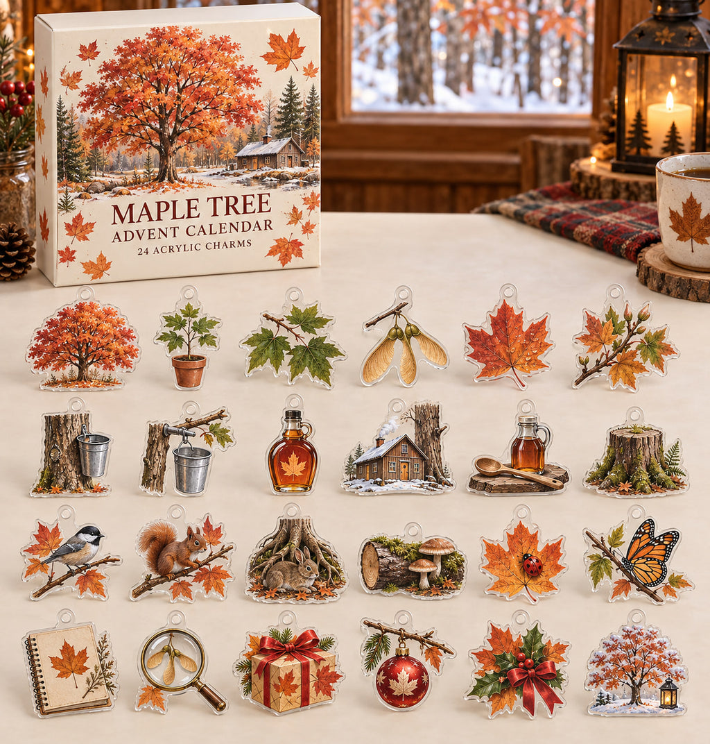 Maple Tree advent calendar with 24 custom-shaped flat acrylic charms and printed dimensional artwork