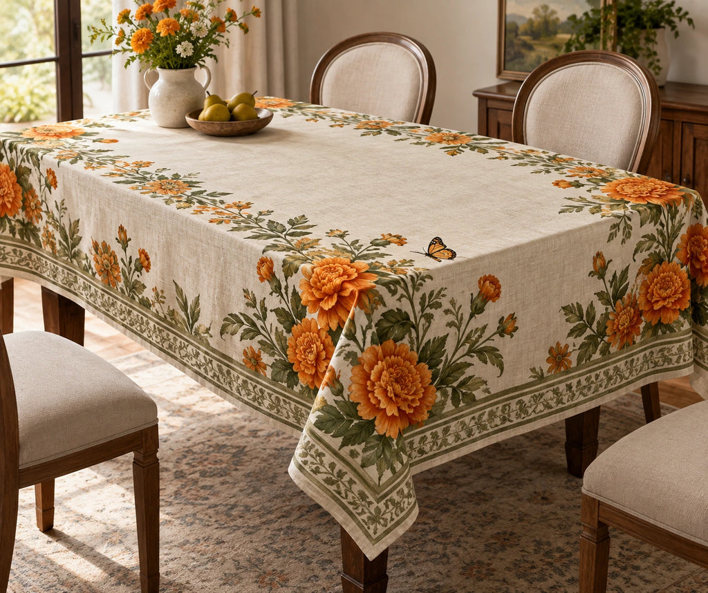 Marigold Butterfly Visitor Tablecloth with printed dimensional artwork