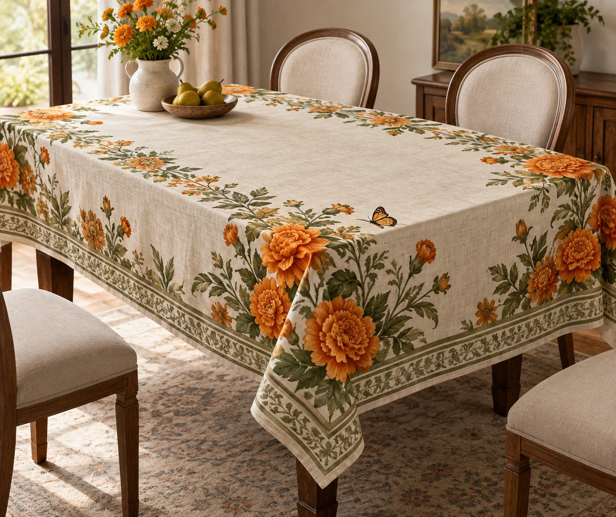 Marigold Butterfly Visitor Tablecloth with printed dimensional artwork