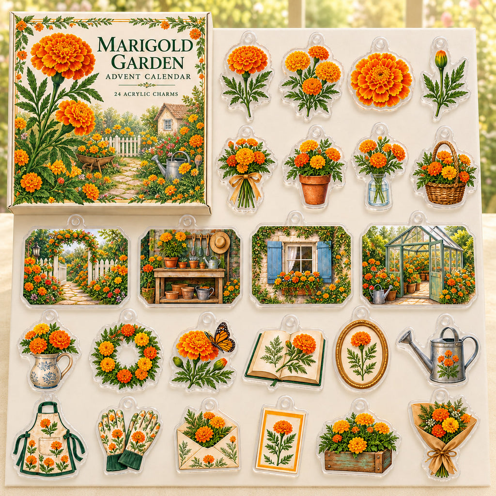 Marigold flower advent calendar box and 24 printed acrylic botanical charms