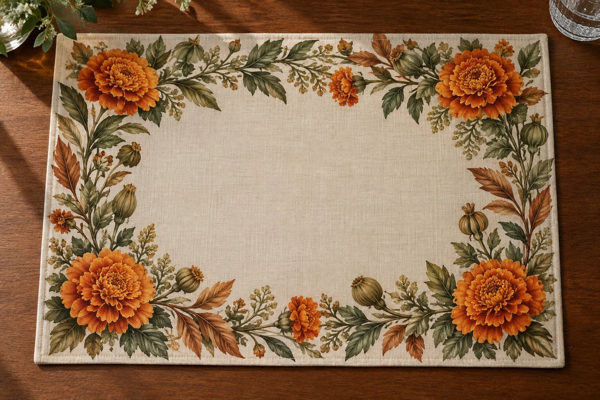 Marigold Harvest Bouquet Placemat with printed dimensional artwork