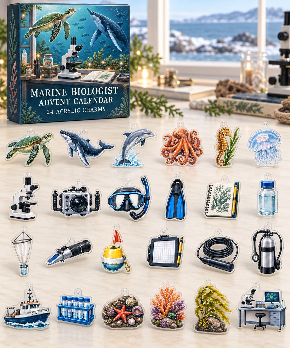 Marine biologist advent calendar with24 custom-shaped flat acrylic charms and printed dimensional artwork