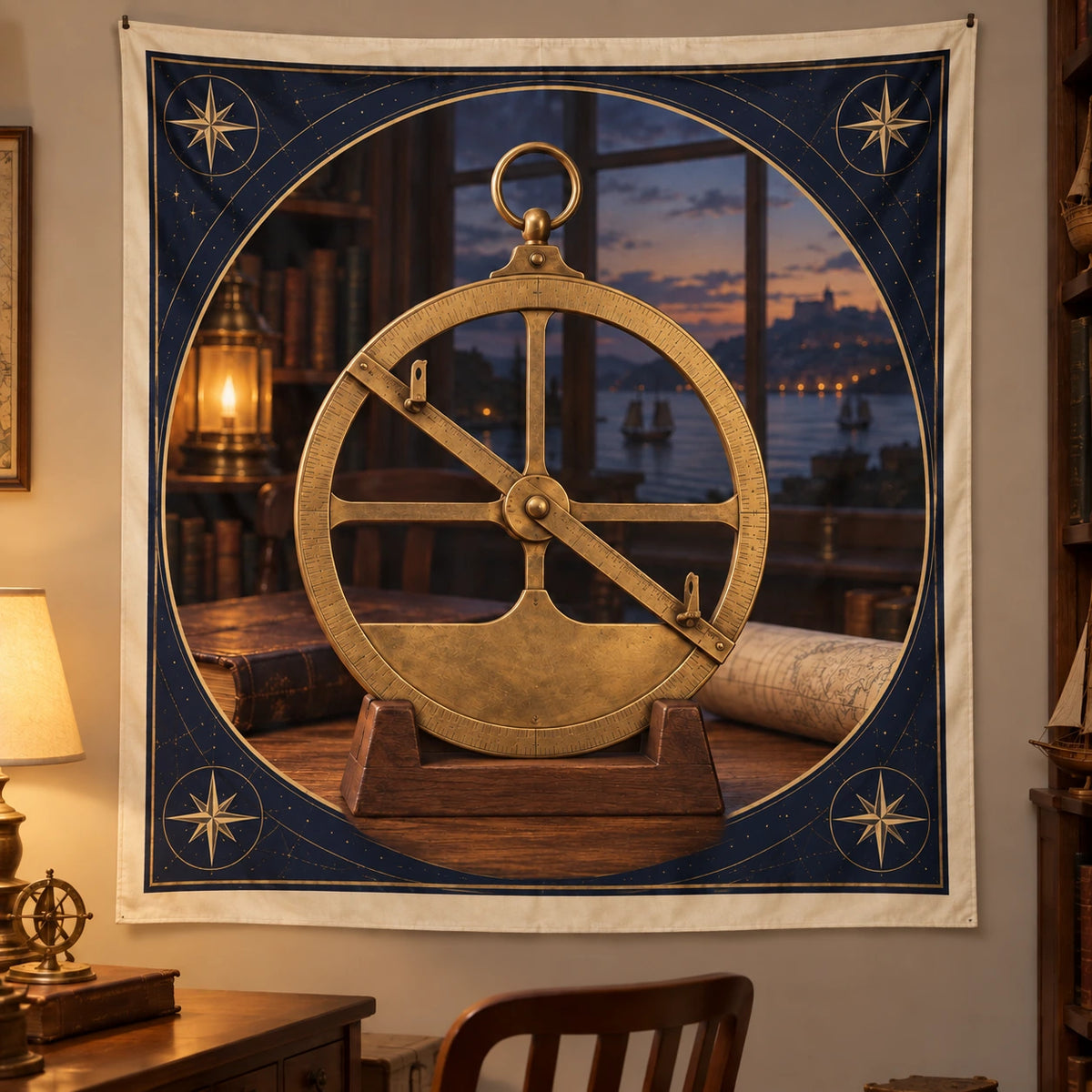 Mariner Astrolabe Study Wall Tapestry with original printed optical 3D artwork