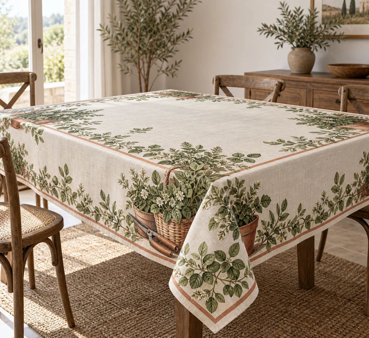 Marjoram Harvest Basket Tablecloth with printed dimensional artwork
