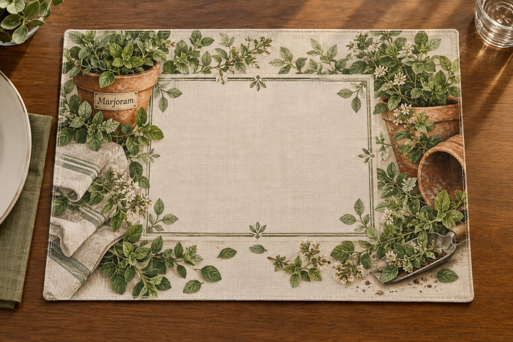 Marjoram Seedling Bench Placemat with printed dimensional artwork