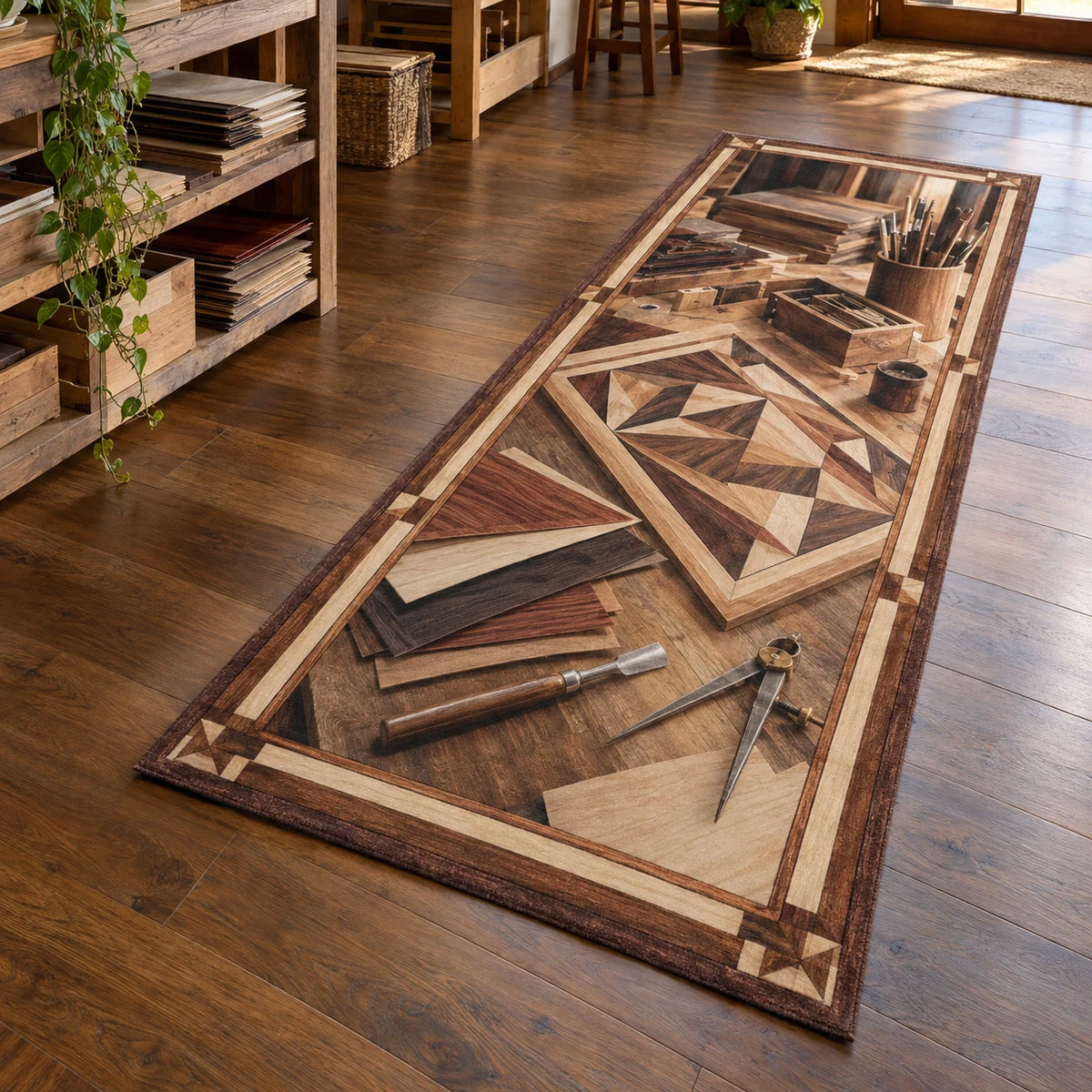 Marquetry printed 3D runner rug with coordinated hobby setting