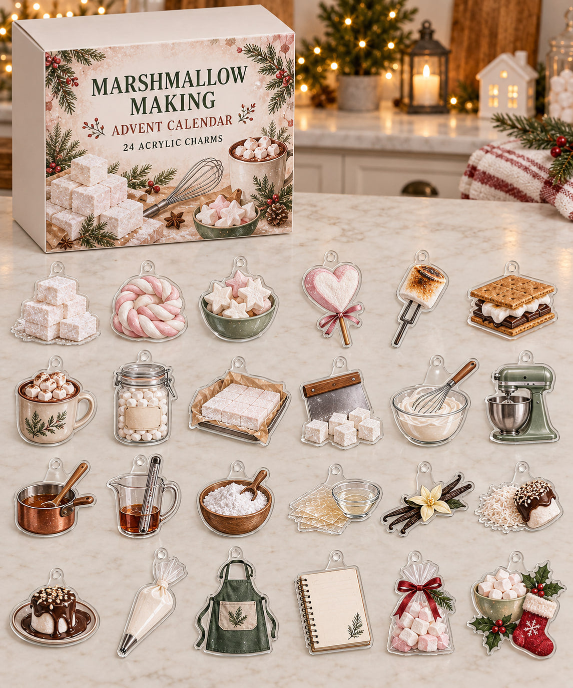 Marshmallow Making advent calendar with 24 custom-shaped flat acrylic charms and printed dimensional artwork