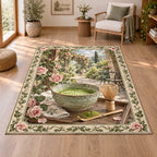Celadon matcha bowl and bamboo whisk printed 3D area rug with botanical border