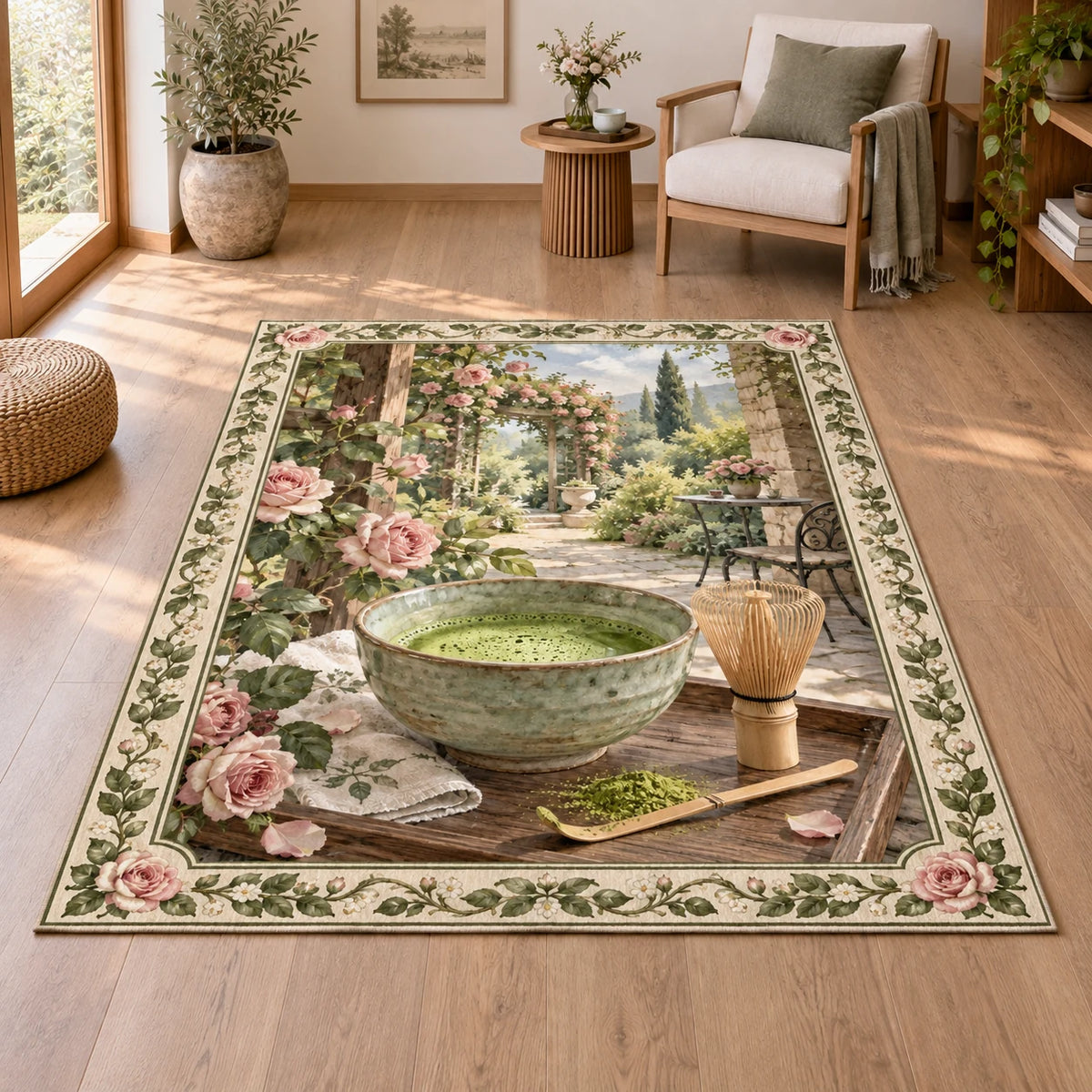 Celadon matcha bowl and bamboo whisk printed 3D area rug with botanical border