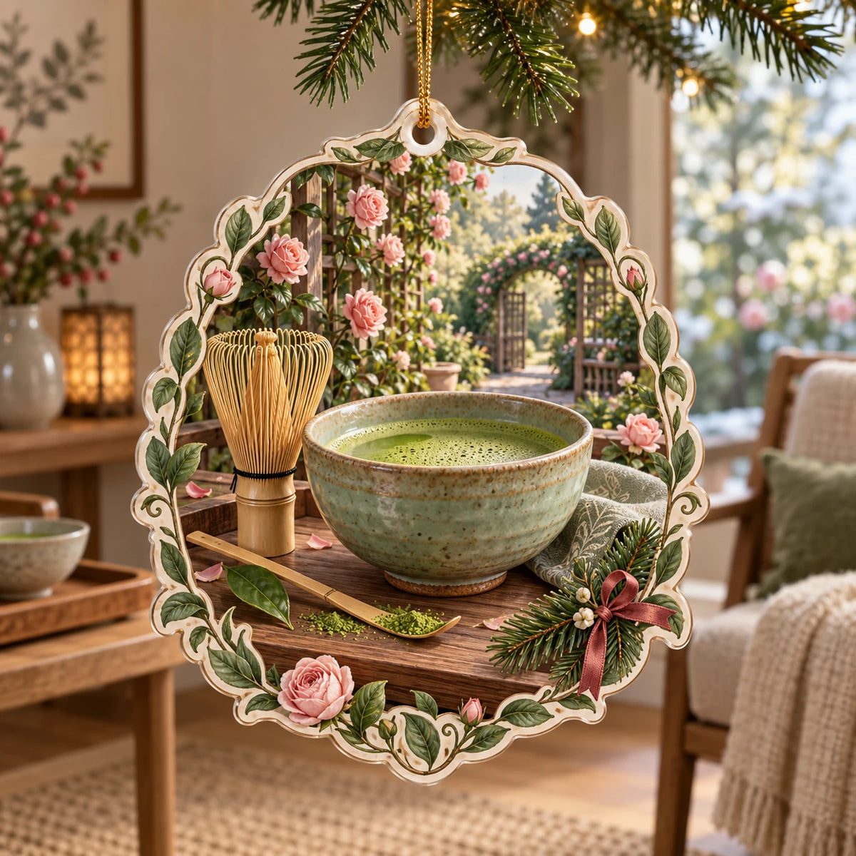 Celadon matcha bowl and bamboo whisk printed 3D christmas ornament with botanical border