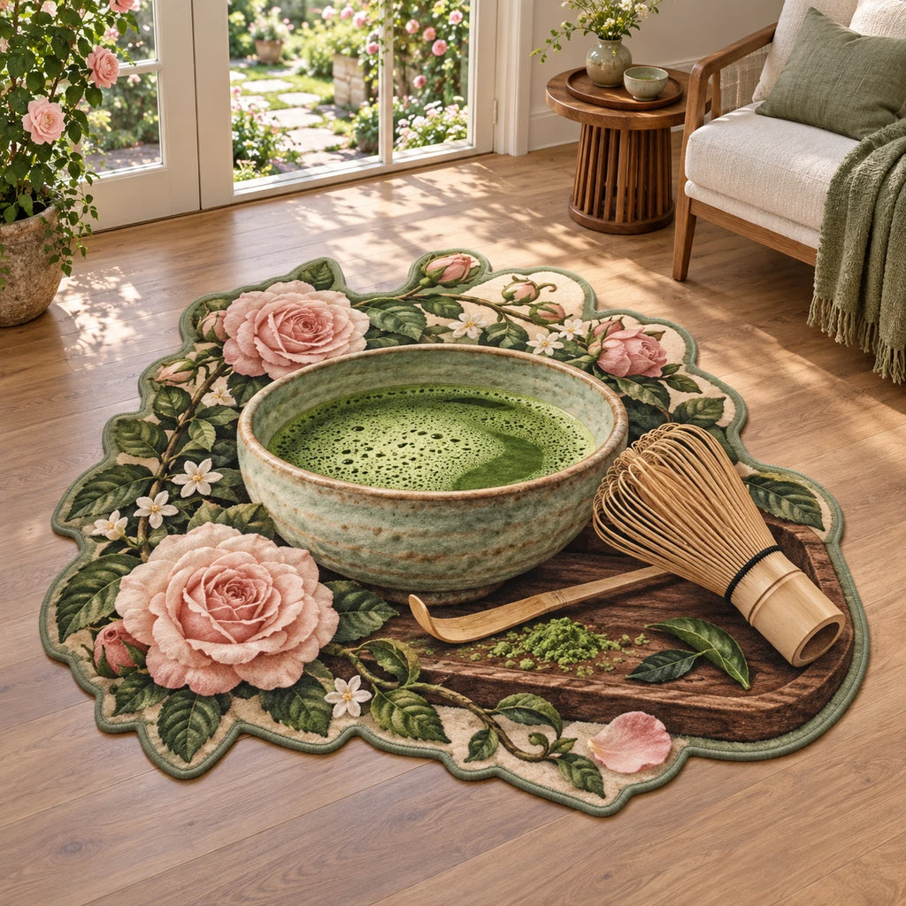 Celadon matcha bowl and bamboo whisk printed 3D custom shape area rug with botanical border