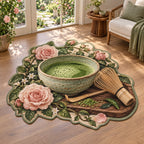 Celadon matcha bowl and bamboo whisk printed 3D custom shape area rug with botanical border